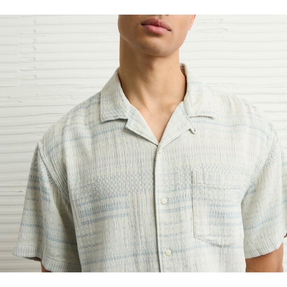 American Eagle Mens Poolside Textured Striped Button-Up Shirt M Tall Blue Beach